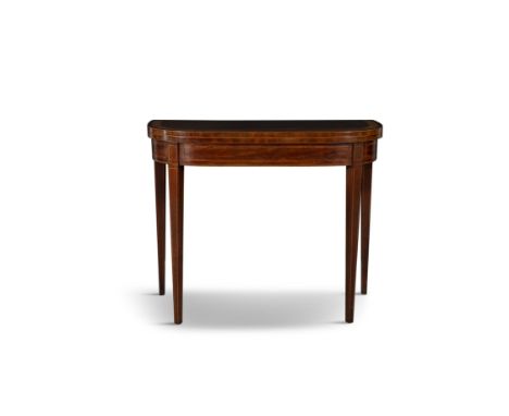 A MAHOGANY AND SATINWOOD CROSSBANDED FOLDING TOP CARD TABLE CIRCA 1780, of bowed rectangular form with rounded fore corners, 