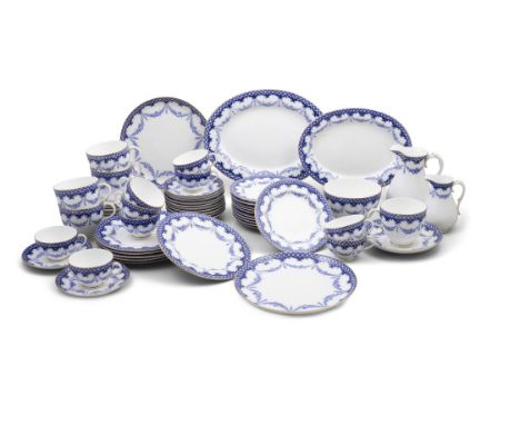 A ROYAL WORCESTER BLUE WHITE PORCELAIN SERVICE,with gilt rims and bands of geometric decoration and floral swags,comprising: 
