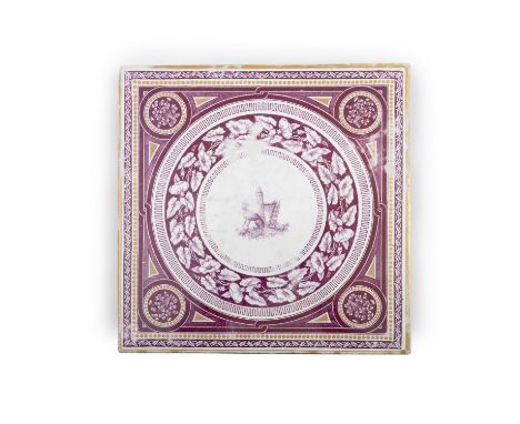 A BELLEEK FIRST PERIOD ARTS AND CRAFTS PLAQUE transfer printed and hand coloured with alternating gilt and leafy borders encl