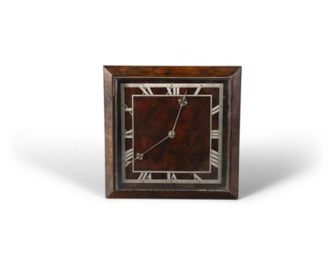 A WALNUT VENEERED EASEL-BACK MANTLE CLOCK, CIRCA 1920S,of squared shape, with sloped edge borders, with silvered hands and nu