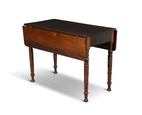 A VICTORIAN MAHOGANY DOUBLE DROP LEAF TABLE of rectangular form on ring turned tapering legs and bun feet. 99cm long