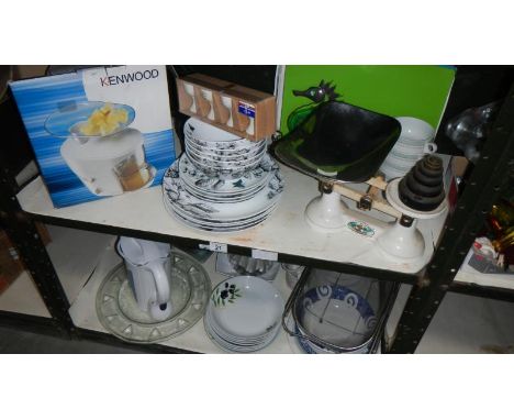 2 shelves of kitchen items including a set of The Viking scales and weights