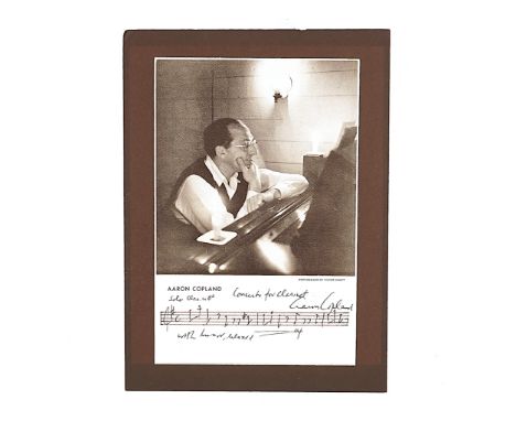 COPLAND, Aaron (1900-90). A manuscript musical quotation from the Concerto for Clarinet. With a one-page autograph letter by 