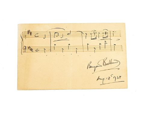 BRITTEN, Benjamin (1913-76). A manuscript musical quotation from the Piano Concerto, signed and dated.BRITTEN, Benjamin (1913