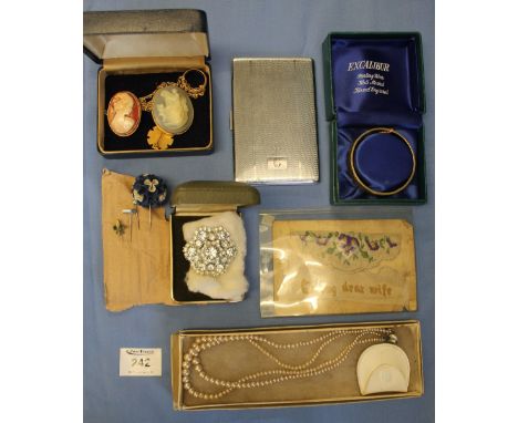 Bag of assorted items to include: vintage postcards, cigarette case, cased bangle, hat pins, cameo shell brooches etc. (B.P. 