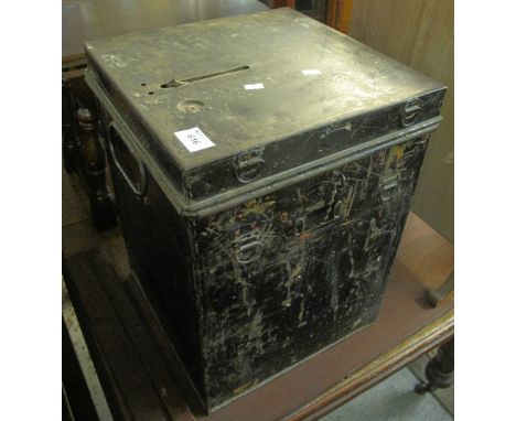 Vintage black japanned enamel metal ballot box, with key and carrying handles. (B.P. 24% incl. VAT)