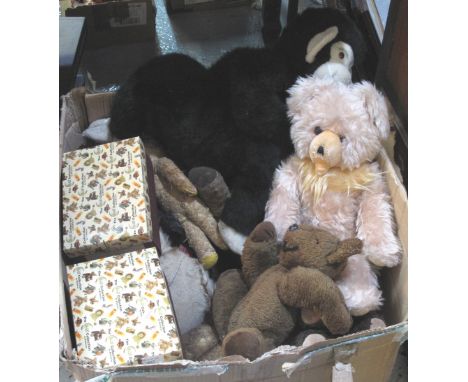 Large box of assorted mostly soft toys, to include: various teddy bears, monkey, squirrel, doll etc. Together with 'The Steif