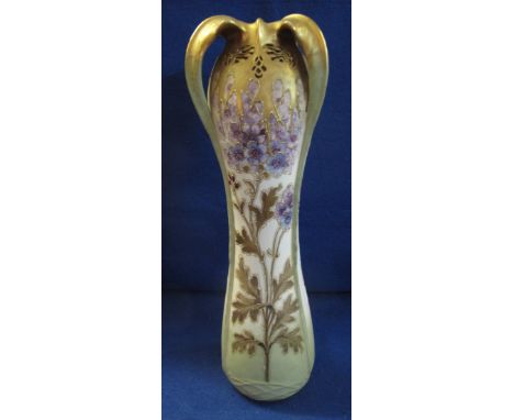 Austrian porcelain Art Nouvea design three handled naturalistic waisted cylinder vase with gilded foliate decoration and pier