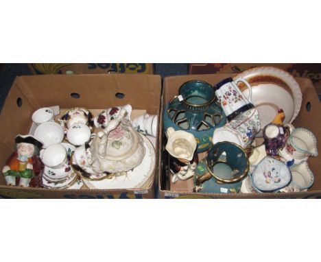 Two boxes of assorted china to include Crown Royal and Coalport part teasets, novelty floral teapot, Staffordshire toby jugs,