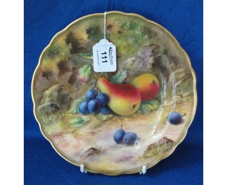 Royal Worcester porcelain cabinet plate, hand painted with fruit on a mossy bank.  Singed T. Lockyer.  Printed marks.  23cm d