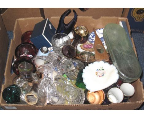 Box of assorted china to include: Royal Worcester egg coddler, various ewers, cranberry glass collectors plates, blue and whi