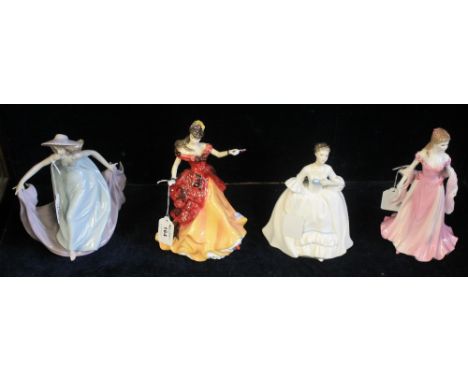 Two Royal Doulton bone china figurines, Figure of the year 1996 "Belle" HN3703, another female HN3222, together with Royal Wo