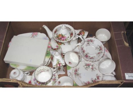 Box of assorted china to include: Royal Albert Old Country Roses teapot, clock, together with Royal Albert Lavender Rose part