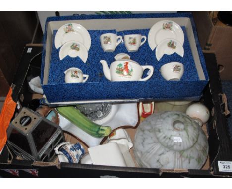 Box of assorted china and glass to include: Little Red Riding Hood miniature teaset in box, marbled glass light shades, trans