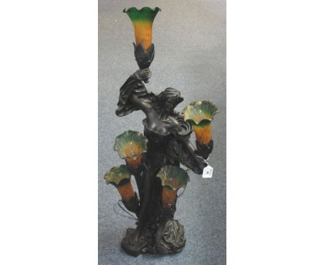Modern Art Nouveau design figural table lamp with five glass shades.  92cm high approximately.  (B.P. 24% incl. VAT)