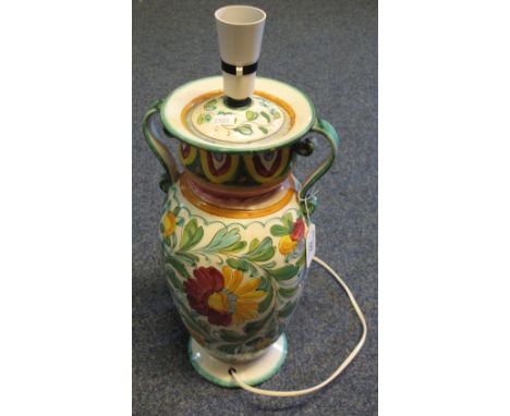 Italian pottery vase shaped two handled floral decorated lamp base. 38cm high. (B.P. 24% incl. VAT)