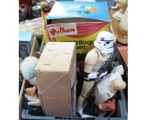 Box of assorted toys to include: Star Wars Star Trooper, Jar-Jar Binks, Pelham 'Ventriloquial' puppet, Jedis etc. (B.P. 24% i