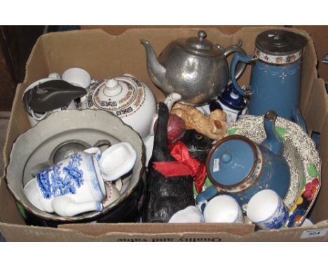 Box of assorted china to include: blue and white teapot, cups, Victorian dresser jug, teapot, beaten pewter teapot, Bretby ca