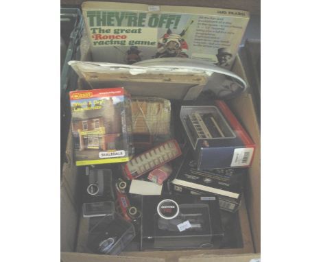 Box of assorted collectables to include: 'They're Off', the great Ronco racing game, blue and white meat plate, The Dandy las