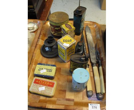 Tray of assorted collectables to include carving knife set, advertising mechanics items to include Stermy Archer, hub lubrica