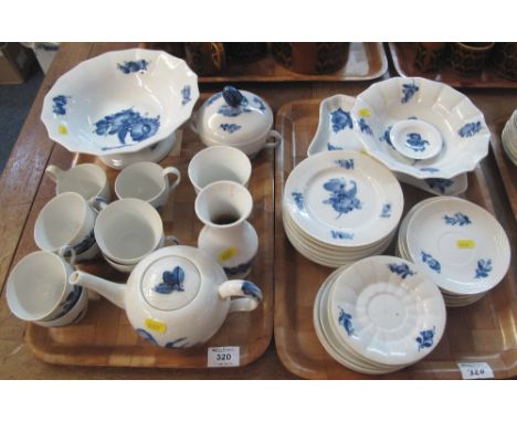 Two trays of Royal Copenhagen blue and white part tea and dinnerware, comprising: teapot, cups, saucers, side plates. Togethe