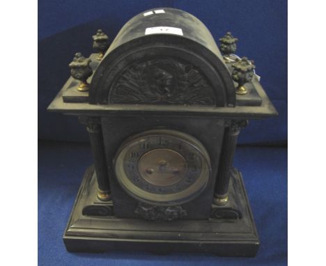 Late 19th Century black slate gilt metal mounted architectural two train mantle clock.  27cm high.  With pendulum and key.(B.