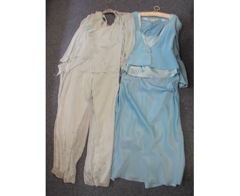 Vintage evening wear (80's-90's) to include: pale blue beaded John Charles trouser suit with matching shrug, D.U.S.K blue thr