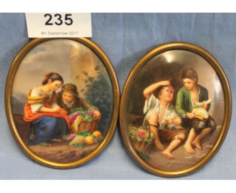 Pair of European portrait miniatures on porcelain, children with fruit, impressed marks and labels to back, in brass frames. 