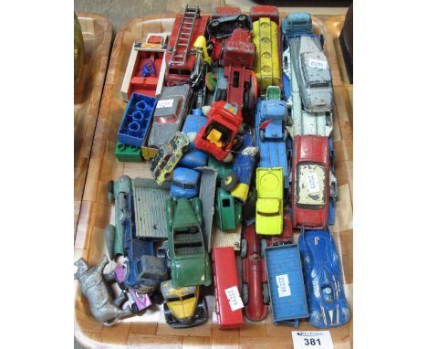 Tray of playworn Dinky and other toys to include Lagonda, Hudson Hornet, vehicle transporter, AEC Monarch, fire engine, also 
