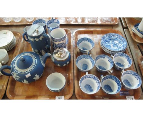 Two trays of blue and white to include: Wedgwood Jasperware teapot, pewter lidded jug, cream jug etc, together with Copeland 