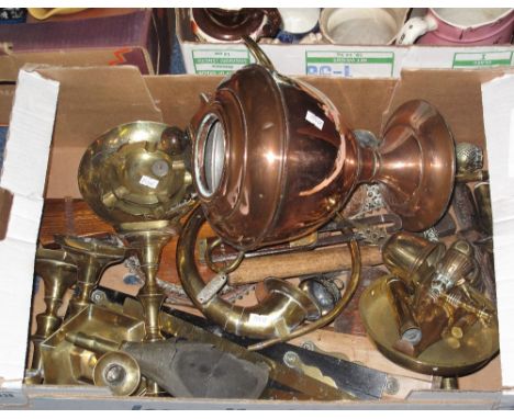 Box of assorted metalwares to include: copper samovar, bellows, ashtrays, chamber sticks, rolling rules, folding rulers, coop