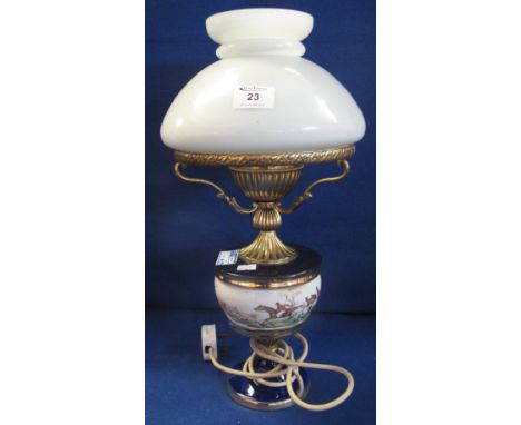 20th Century oil lamp converted to electricity with hunting design reservoir and cream shade.(B.P. 24% incl. VAT)