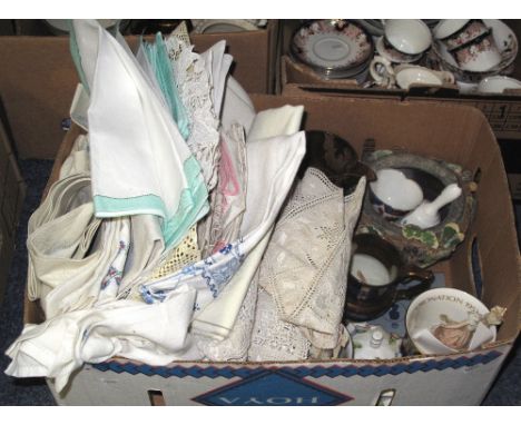 Box of assorted items to include various tablewares, cloths etc, together with copper lustre dresser jugs, Coalport 'The Para