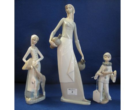 Nao porcelain figure of a girl carrying wine flagons, together with a Spanish porcelain study of a mandolin playing pierette 