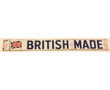 An enamel sign "British Made" with the Union Jack flag in blue enamel on cream, cut-down from a larger display sign, Broomwad