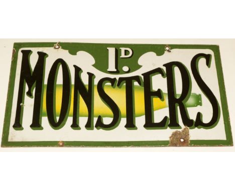 A No. 1d Monsters enamel advertising sign, double-sided, decorated in black, green and lime green on a cream ground, 33 x 61c