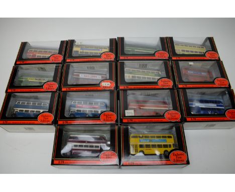 1:76 scale Exclusive First Editions diecast double-decker bus models, in display boxes. (14)