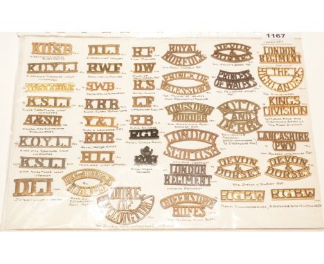 A collection of 37 single and 2 pairs of Infantry shoulder titles, to include: The King's Own Scottish Borderers, The King's 