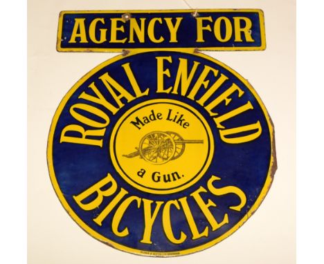A Royal Enfield Bicycles double-sided enamel pendant sign, printed with a field gun inscribed "Wildman &amp; Meguyer Ltd., Bi