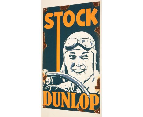 A Stock Dunlop rectangular enamel advertising sign, depicting a head and shoulders of a racing driver, decorated in orange on