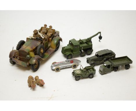 A 54mm scale tinplate Army Command car, with six composition figures, by Hausser; a Dinky Hotchkiss racing car; a Dinky Recon