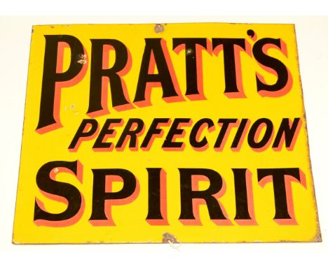 A 1930's Pratts Perfection Spirit double-sided enamel sign, the yellow enamel ground inscribed in black and red lettering, "P