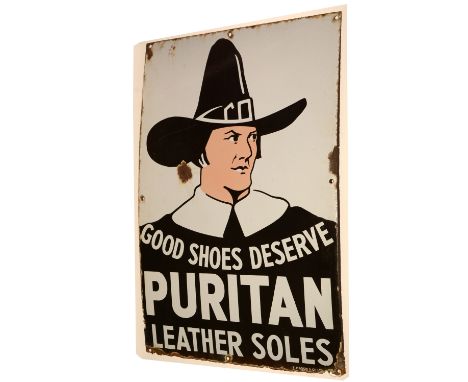 A 1920's Puritan Leather Shoes enamel sign, of rectangular portrait form, enamelled with a figure of a cavalier, inscribed "A