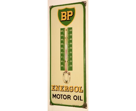 A BP "Energol Motor Oil" enamel thermometer sign, of rounded rectangular form, the centre fitted with a thermometer tube insc