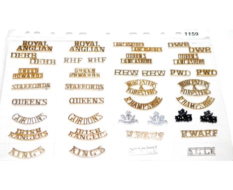 A collection of 20 pairs of Infantry shoulder titles, to include: Royal Anglicans, Lancashire, Queen's Lancashire, Worcester 