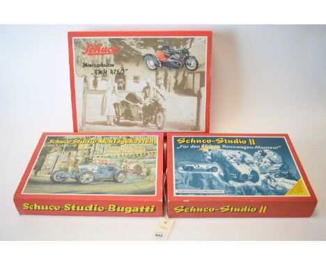 Schuco-Studio models: Bugatti, and Auto-Union racing cars; and a BMW R25/3 motorcycle and sidecar, in original boxes. (3)
