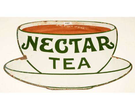 A Nectar Tea enamel advertising sign in the form of a teacup and saucer, enamelled in green on a cream ground, inscribed "Pat