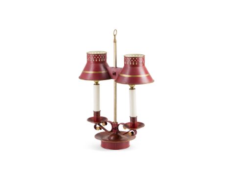 RED TOLE PAINTED BOUILLOTTE LAMP   19TH CENTURY with central square column issuing two candle arms, raised on a circular base