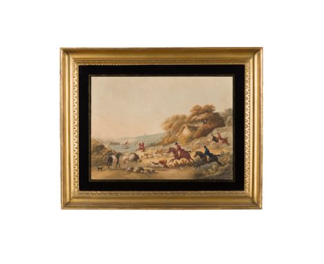 19TH CENTURY ENGLISH SCHOOL   HUNTING SCENE coloured print, in verre églomisé frame(27cm x 37cm (10.5in x 14.5in); and three 
