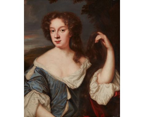 MARY BEALE (BRITISH 1633-1699) HALF LENGTH PORTRAIT OF A LADY IN BLUE ROBES HOLDING HER LONG HAIR oil on canvas(76cm x 61cm (
